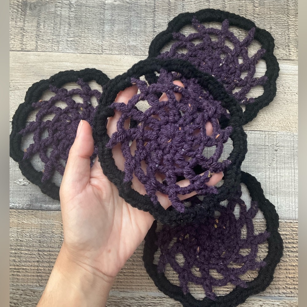 Handmade Purple Spiderweb Crochet Coasters 4 Pack